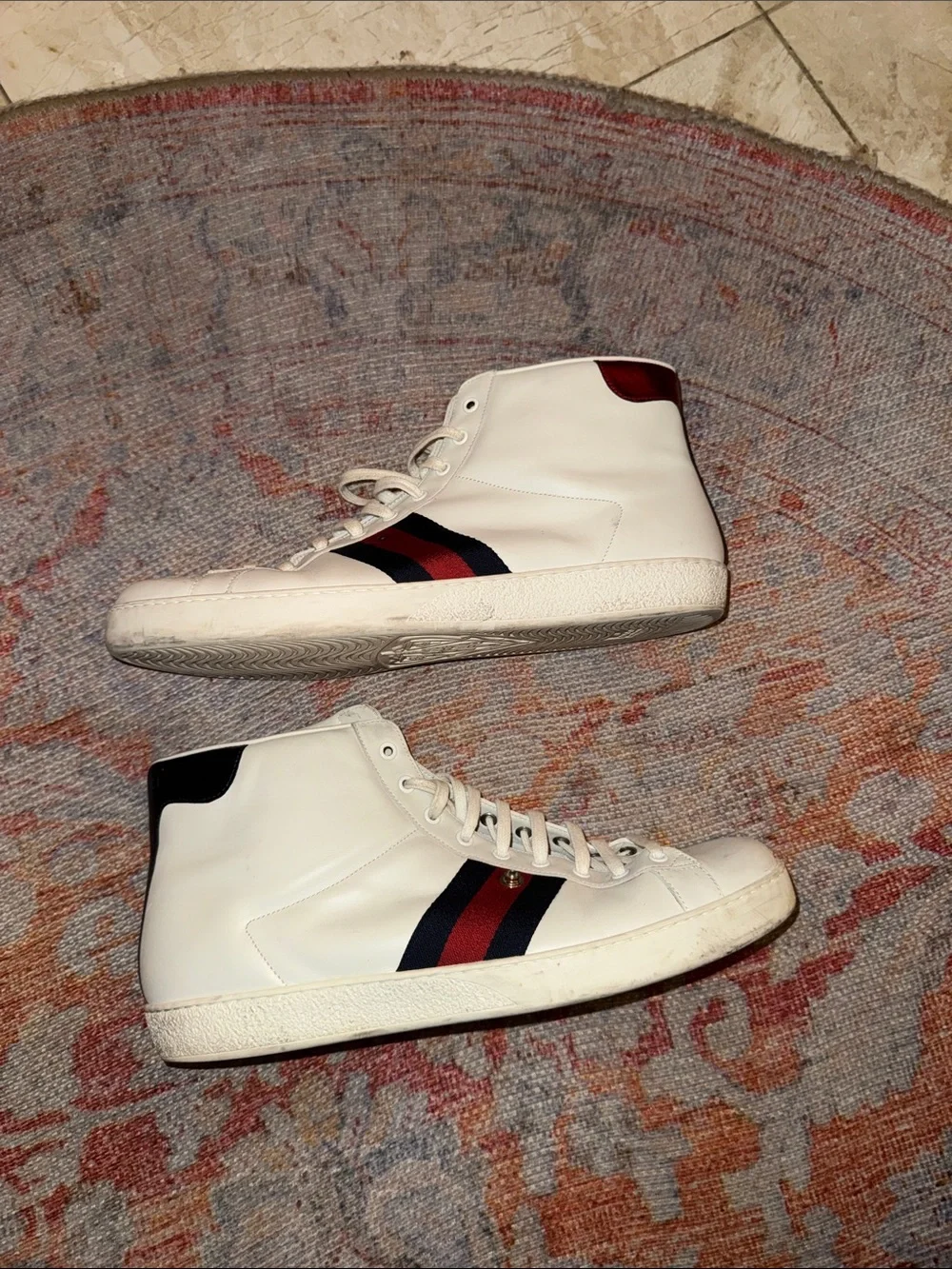 Gucci White High-Top Sneakers with Red & Navy Web